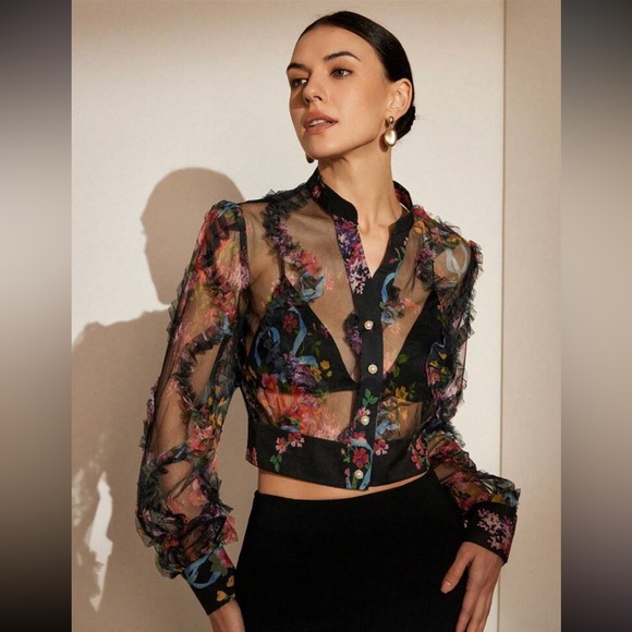 Tops - Embellished Floral Crop Blouse‎ with Mandarin Collar